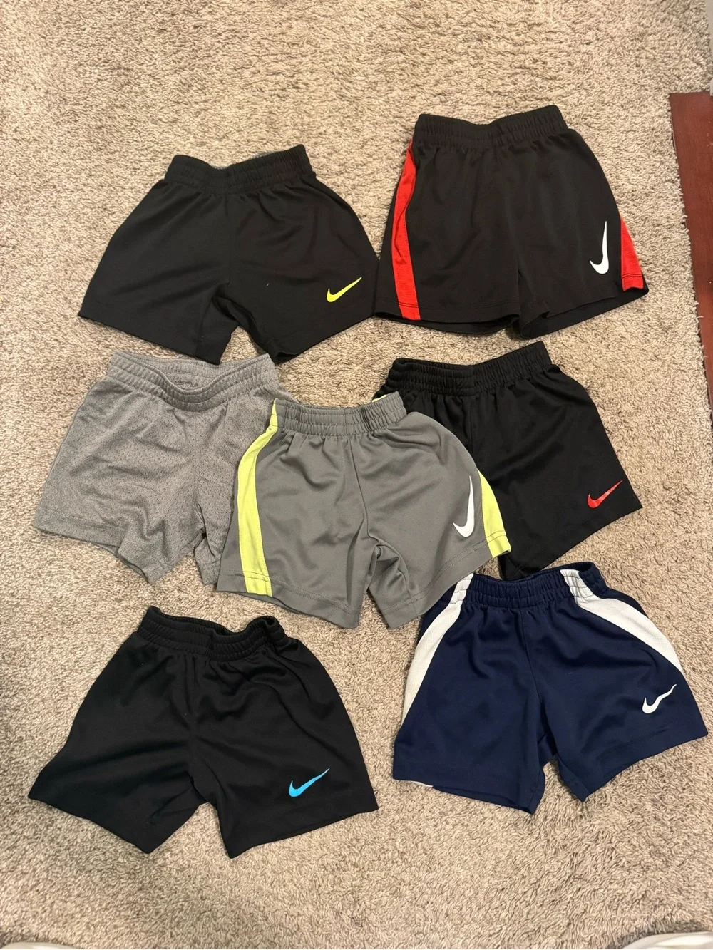 Nike (set of 7) Kids Athletic Shorts - Black, Gray, Navy, Red, Yellow Accents
